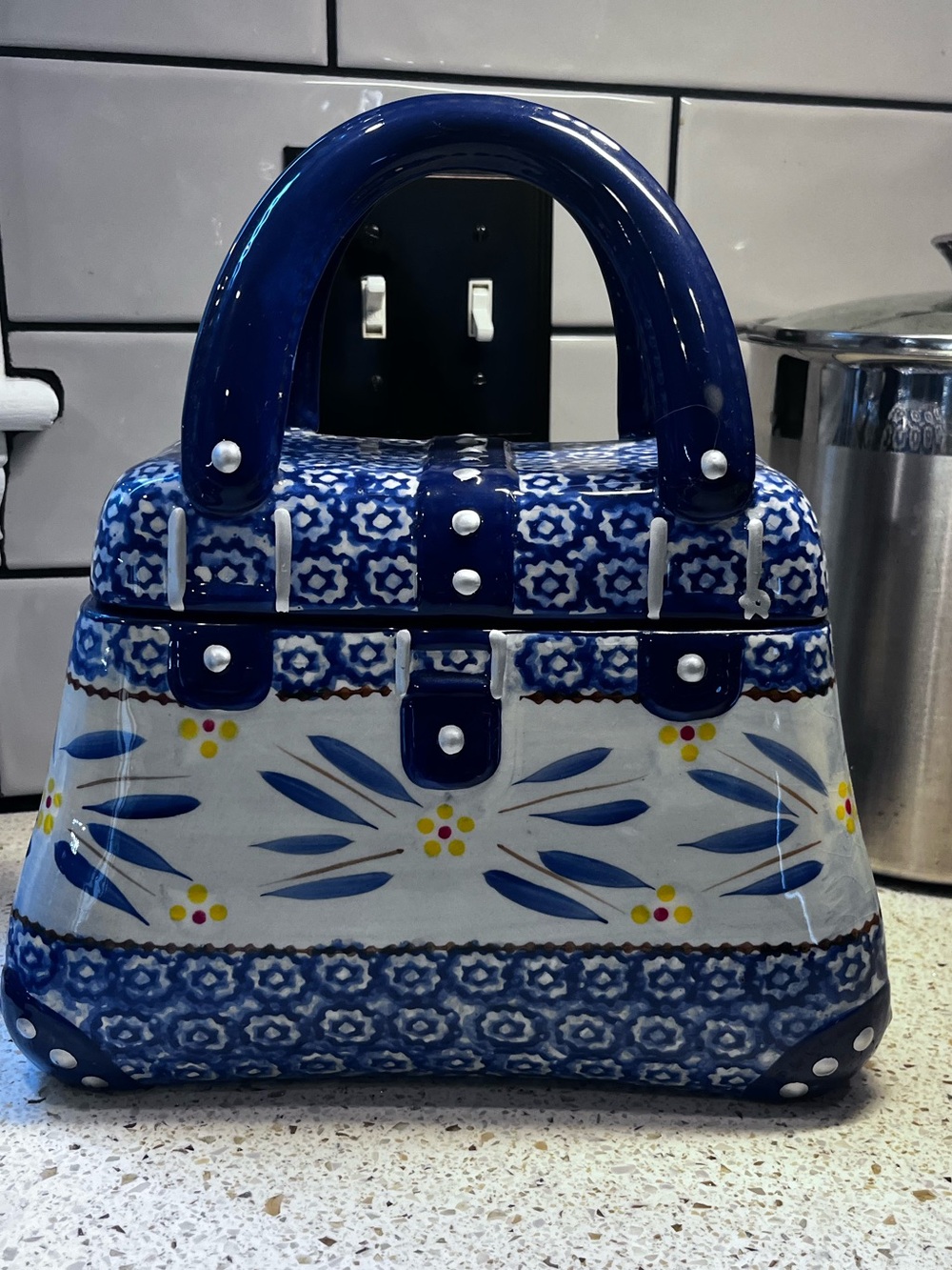 Temptations by Tara Blue White Ceramic Purse Handbag Cookie Jar